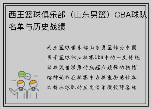西王篮球俱乐部（山东男篮）CBA球队名单与历史战绩