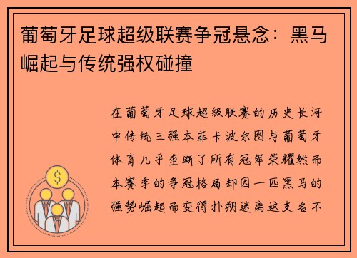 葡萄牙足球超级联赛争冠悬念：黑马崛起与传统强权碰撞