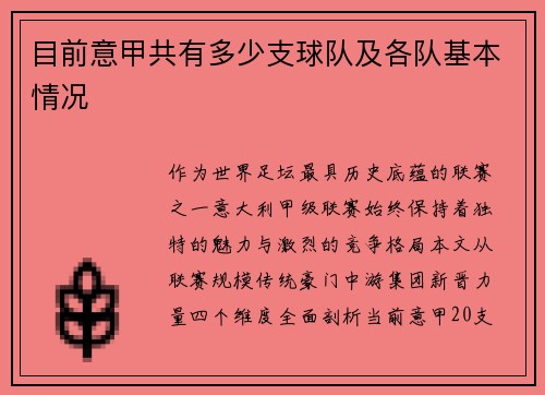 目前意甲共有多少支球队及各队基本情况