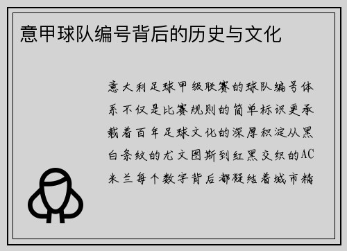 意甲球队编号背后的历史与文化